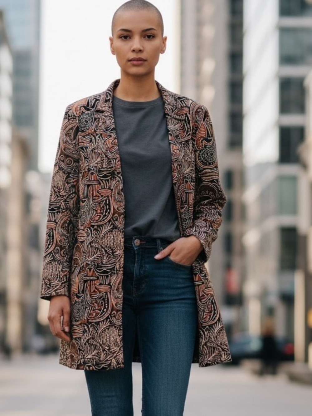 LINDA ALLARD ELLEN TRACY, long blazer, 14, retro 70s 80s era, abstract print.